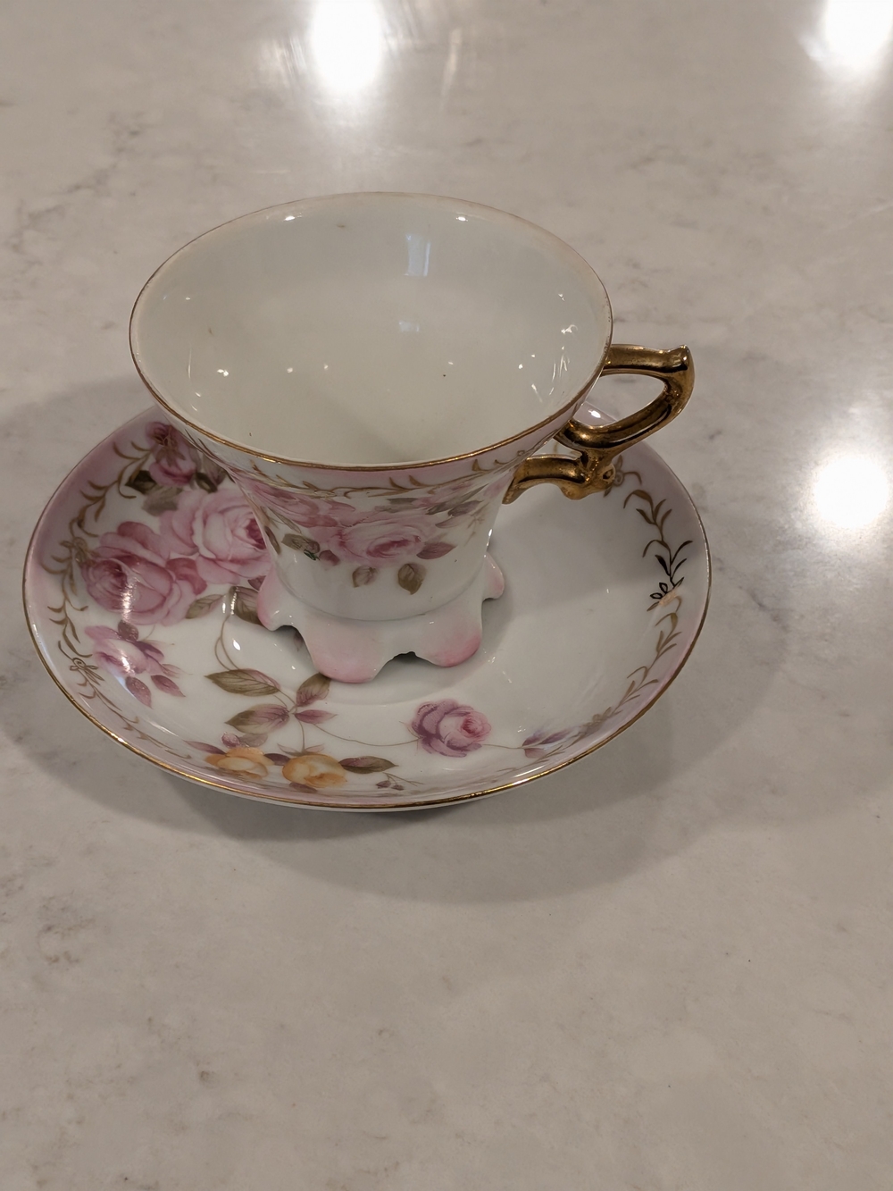 Vintage Lefton China Floral Pink Gold Trim Teacup and Saucer Hand Painted